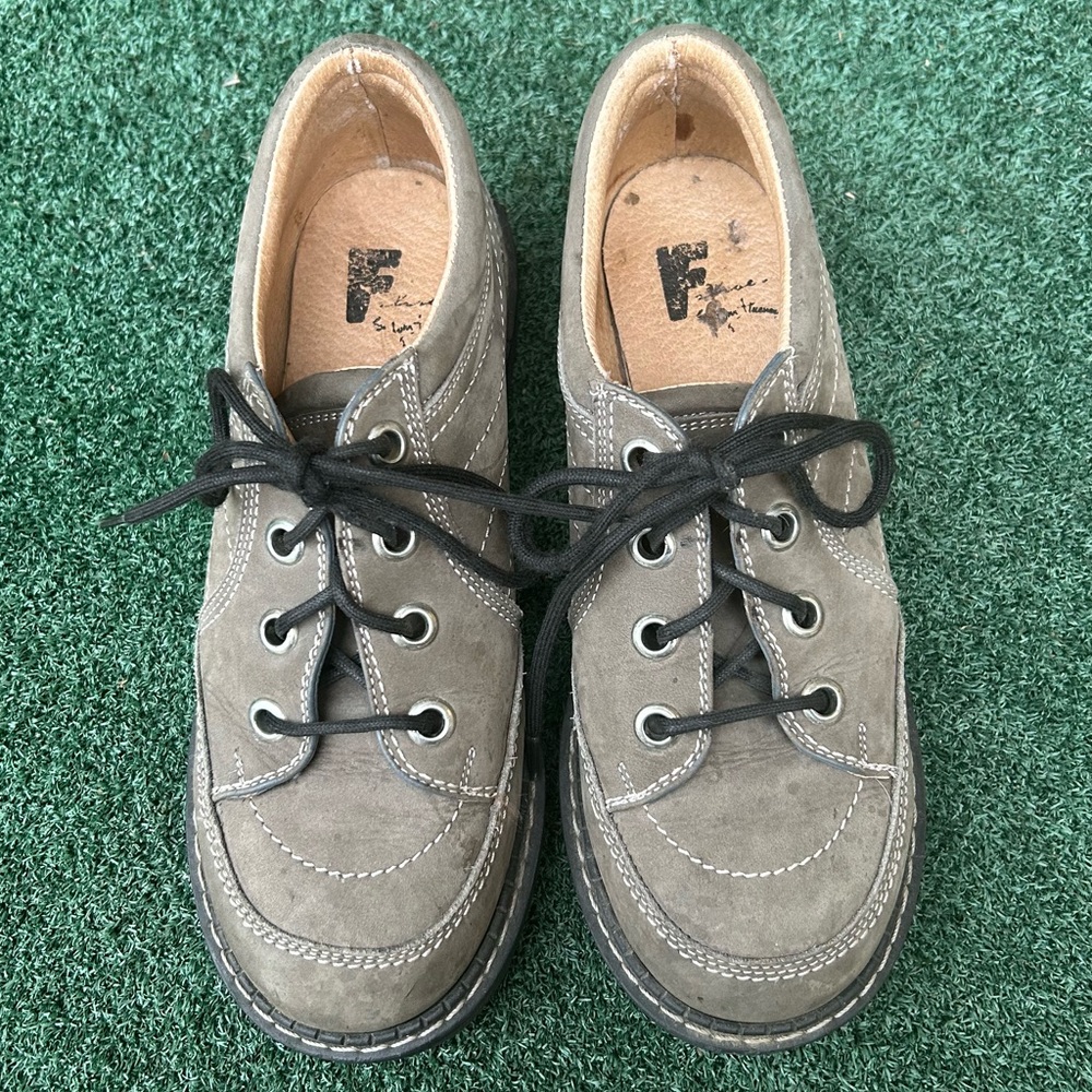 John Fluevog Vintage Oxford Shoes Leather Army Green Gray 7
